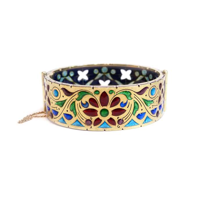 Antique gold and enamel bangle with pierced detail